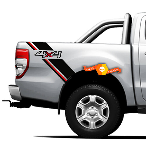 Side Bed Bands 4x4 Red Black Lines Graphic Vinyl Stickers Decals Pair 2 for Ford Ranger 2021