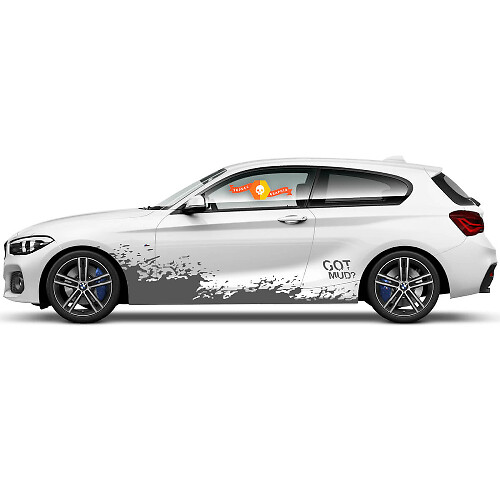 2 x Vinyl Decals Graphic Stickers for the side of a BMW 1 Series 2015 featuring a flying mud design.
