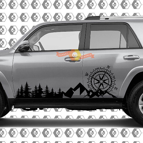 Side Trees Mountains and Huge Compass Side Vinyl Sticker Decal suitable for Toyota 4Runner 13-22 TRD Fifth generation
