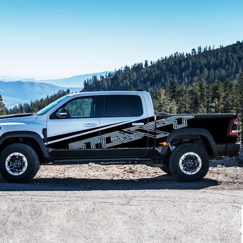 TEXT Interlocking Outline Side Stripe Pair Side Vinyl Decal Sticker for RAM 1500 Rebel, TRX