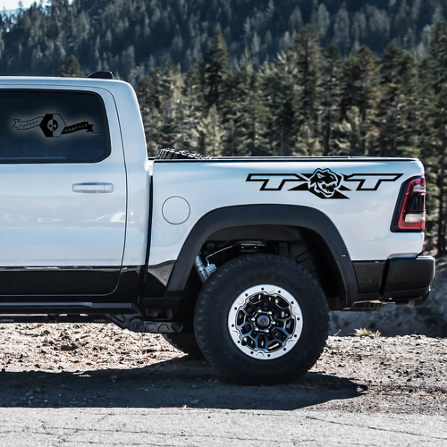 TXT Dinosaur Head Bedside Pair Bedside Vinyl Decal Sticker for RAM 1500 Rebel, TRX 2022-2026