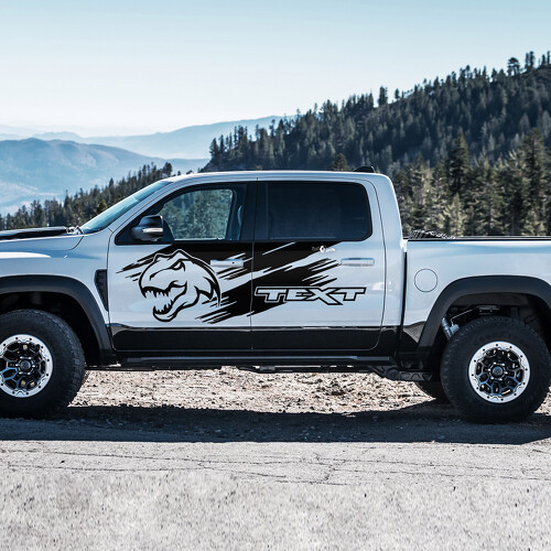 T-Rex Head Grunge Custom Text Side Door Vinyl Decal Sticker for RAM 1500 Rebel, TRX 2019-2026