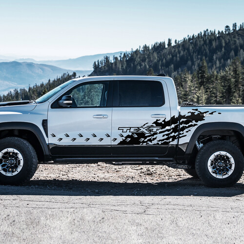 T-Rex Footprints Splash Custom Text Side Bedside Door Vinyl Decal Sticker for RAM 1500 Rebel, TRX 2019-2026_1