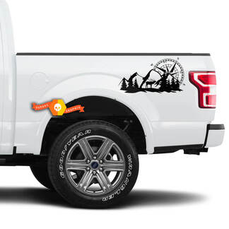 Pair of Wild Compass Mountains Forest Bed Side Vinyl Stickers Decal Kit for any Truck

