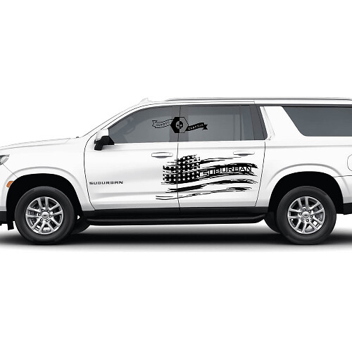 Pair Chevrolet Suburban Side Destroyed USA Flag Doors Vinyl Decal Sticker
