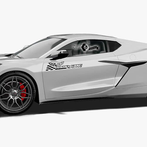 2x Chevrolet Corvette Racing Z06 Side Doors Logo Checkerboard Flag Vinyl Decal Sticker
