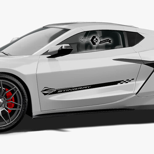 2x Chevrolet Corvette Z06 Side Doors Stripes Stingray Checkerboard Flag Vinyl Decal Sticker
