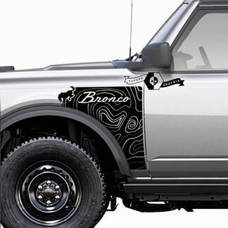 Pair Ford Bronco Vintage Logo Topographic Map Everglades Style Side Panel Vinyl Decal Sticker Graphics Kit
