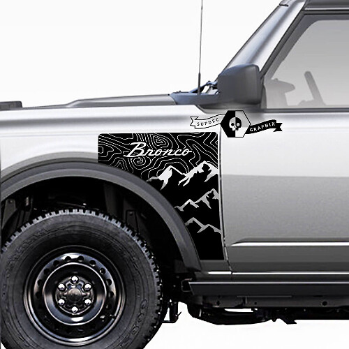Pair Ford Bronco Vintage Logo Topographic Map Everglades Style Side Panel Vinyl Decal Sticker Graphics Kit
