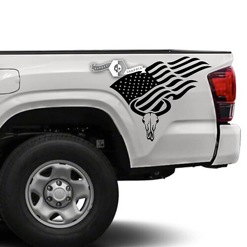 USA Flag & Bull Skull Bedside Vinyl Decal Sticker for Toyota Tacoma