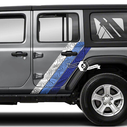 Pair Jeep Wrangler Unlimited Doors Fender Side Stripe Topographic Map 4 Colors Vinyl Sticker Decal

