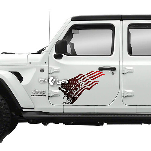 Pair of Jeep Gladiator Side Door USA Flag Bald Eagle Stickers Decals Vinyl Graphics Stripe Gradient
