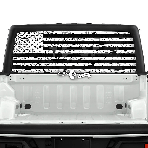 Jeep Gladiator Rear Window Flag USA Destroyed Topographic Map Topo Stickers Decals Vinyl Graphics Stripe
