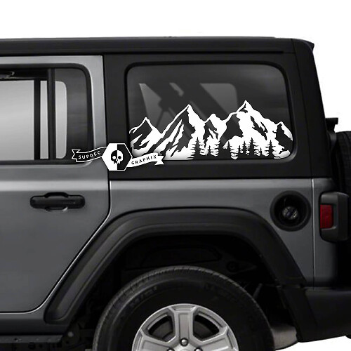 Pair of Jeep Wrangler Unlimited Side Door Window Mountains Forest Stickers Decals Trim Vinyl Graphics
