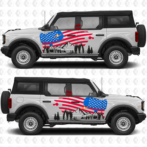 USA Flag Mountains Side Doors Vinyl Decal Kit for Musclecar horse