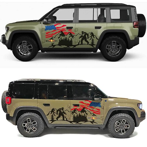 Bigfoot Distressed US Flag Mountains Side Doors Vinyl Decal for Jeep Recon