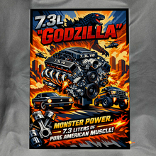 7.3L Godzilla Monster Power Glossy Acrylic Garage Wall Art Panel #2 2