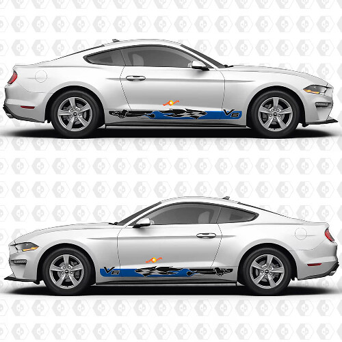 V6 Mustang Checkered Flag Inspired Side Door Rocker Panel Vinyl Decals Stickers for Ford Mustang 1