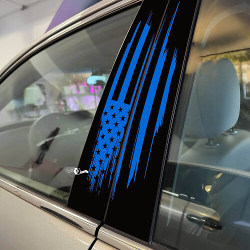 Blue Distressed American Flag Pillar Door Vinyl Decal Kit