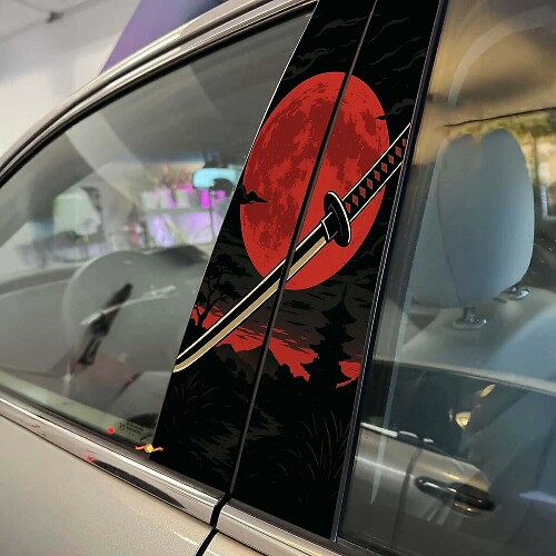 Japanese Katana Red Moon Car Pillar Door Vinyl Decal Kit