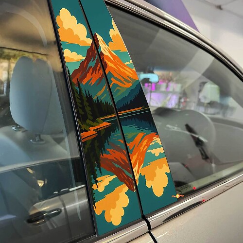 Retro Style Mountain Lake Landscape Pillar Doors Vinyl Decal Sticker