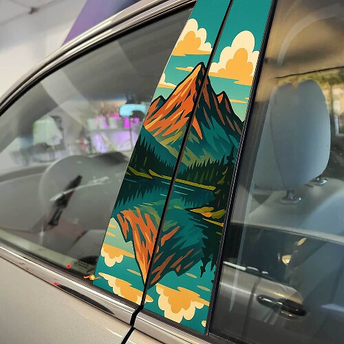Retro Style Mountain Lake Reflection Pillar Doors Vinyl Decal Sticker 1