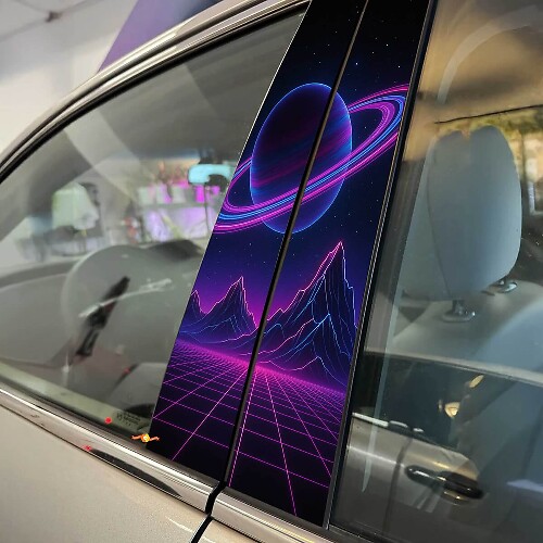 Sci-Fi Style Planet Rings Neon Mountains Pillar Doors Vinyl Decal Sticker 1