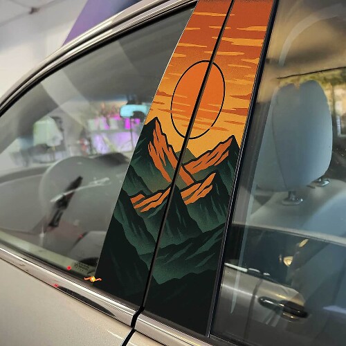 Vinyl Sticker Decal for Retro Mountains Sunset Pillar Doors