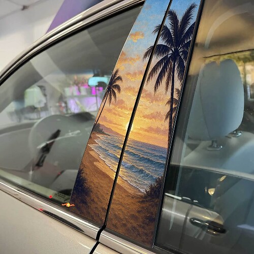 Sunset Beach Palm Trees Pillar Doors Vinyl Decal Sticker 1