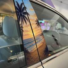 Sunset Beach Palm Trees Pillar Doors Vinyl Decal Sticker 2