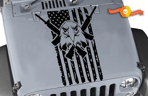 Distressed USA Flag Bald Eagle Crossed Rifles Hood Vinyl Decal for Jeep Wrangler