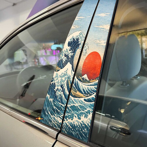 Waves and Red Sun Japanese Style Pillar Doors Vinyl Decal Sticker
