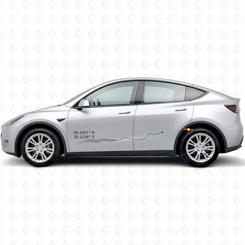 Kyiv Coordinates & Route Line Side Door Vinyl Decal Sticker for Tesla Model Y