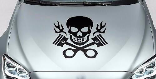 Skull and crossed pistons with flames hood body logo vinyl Stickers Decals
