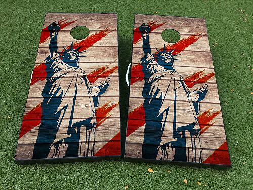 Statue of Liberty Distressed American Flag Cornhole Board Wrap Decal Kit