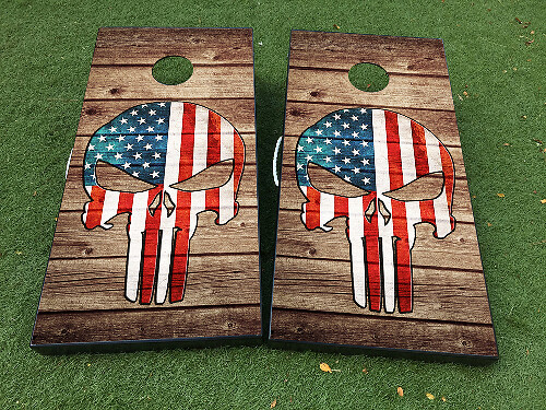 Punisher-Style USA Flag Skull Cornhole Board Wrap Decal Set 