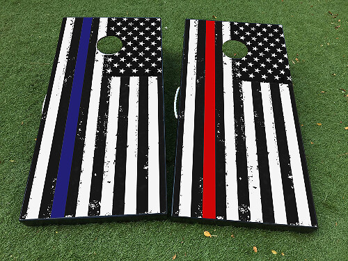 Distressed American Flag Thin Blue and Red Line Cornhole Board Decal Wrap Set