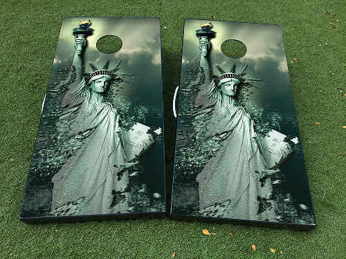 Destroyed Statue of Liberty Cornhole Board Vinyl Decal Wraps Set