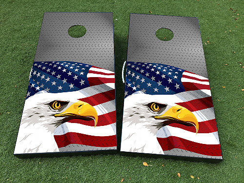 American Eagle Steel Texture Cornhole Board Vinyl Wrap Decal Set