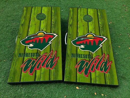 Minnesota Wild Hockey Wood Style Cornhole Board Vinyl Decal Set