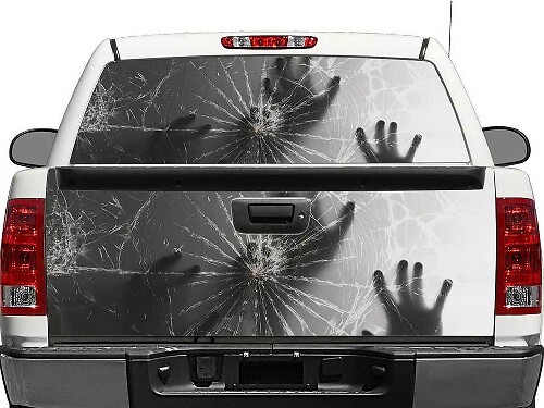 Hands Behind Broken Glass Rear Window or Tailgate Decal for Pickup Truck SUV