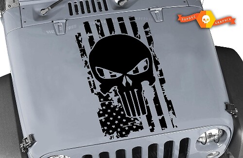 Distressed USAFlag Punisher Skull Hood Vinyl Decal for Jeep Wrangler