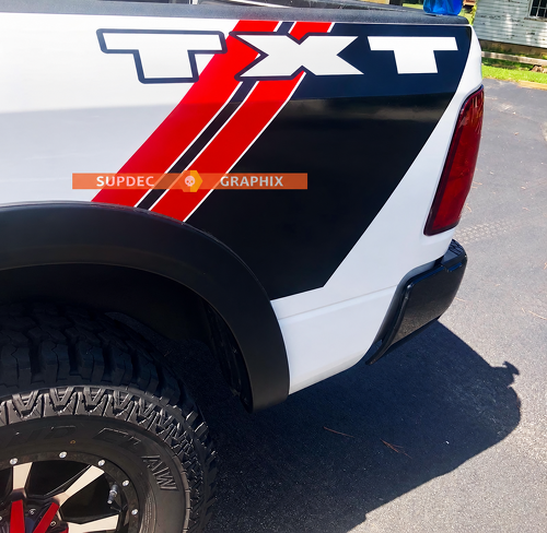 TXT Grunge Red Stripes Bedside Vinyl Decal Sticker for RAM 1500 Rebel