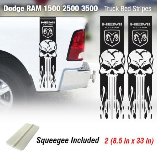 Skull & Flame Stripes Bedside Vinyl Decal Sticker for Dodge Ram 1500