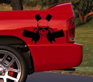 Truck car vinyl decal racing stripe Dodge Ram rear bed skull logo gun both sides