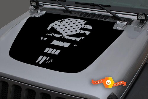 Punisher USA Flag Distressed Blackout Hood Vinyl Decal Sticker for Jeep Wrangler 2018-2019