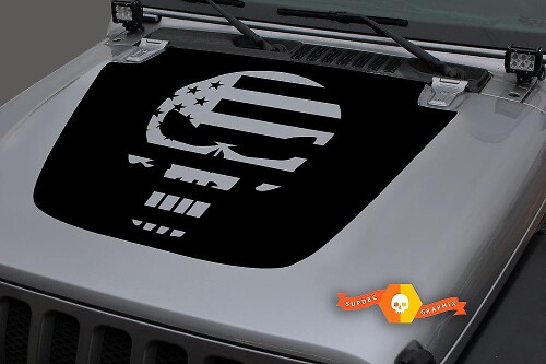 USA Flag Punisher Skull Blackout Hood Vinyl Decal Sticker for Jeep Wrangler 2018-2019