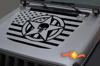 Jeep Hood Vinyl USA Flag Military Star Punisher Blackout Decal Sticker for 18-19 Wrangler JL#3
