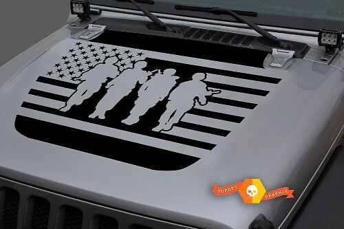 USA Flag Soldiers Silhouette Hood Vinyl Decal Sticker for Jeep Wrangler 2018-2019