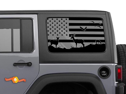 USA Flag Deer Side Window Vinyl Decals Kit for Jeep Wrangler Hardtop